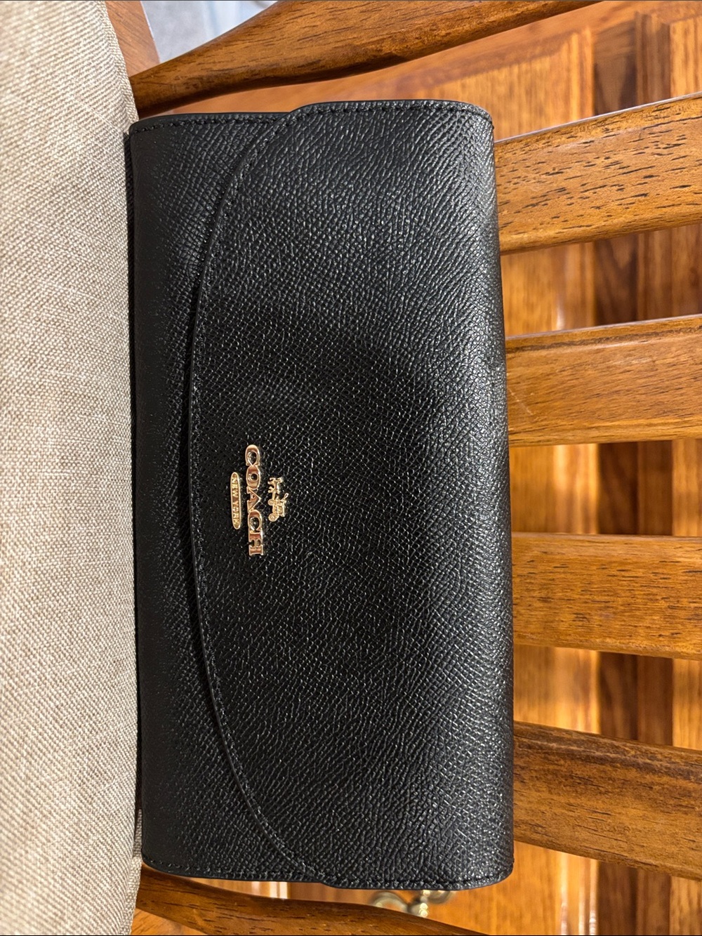 Coach Black Pebble Leather Continental Wallet with Gold Hardware